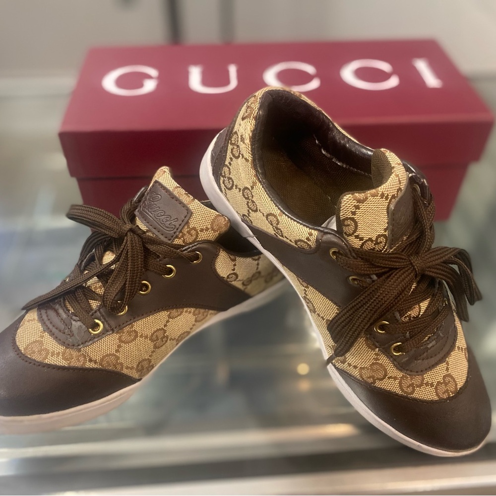 Gucci Beige and Brown Monogram Lace Sneakers, size 7, good condition!